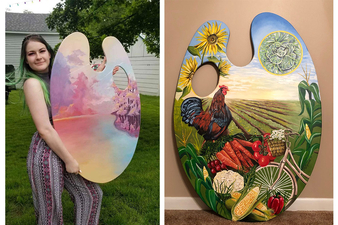 Mary Glaccum holding her palette she painted, titled Hope